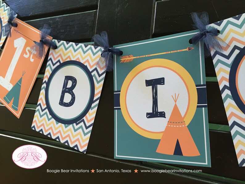 Teepee Arrow Happy Birthday Party Banner Chevron Orange Navy Blue Green Yellow Boy Girl 1st 2nd 3rd 4th Boogie Bear Invitations Tate Theme