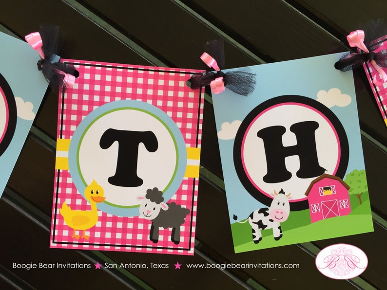 Pink Farm Animals Birthday Party Banner Happy Petting Zoo Fall Barn Girl 1st 2nd 3rd 4th 5th 6th 7th Boogie Bear Invitations Paisley Theme