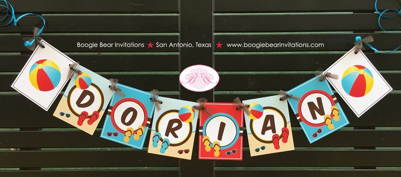 Swimming Pool Party Name Banner Birthday Boy Girl 1st 2nd 3rd 4th 5th 6th 7th 8th 9th Boogie Bear Invitations Dorian Theme