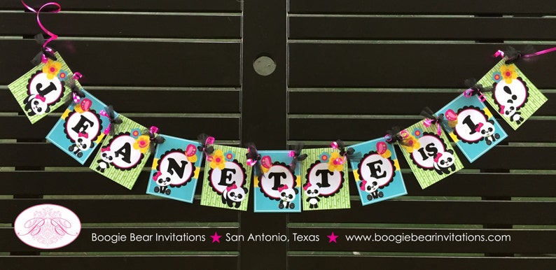 Pink Panda Bear Birthday Party Banner Small Black Blue Green Tropical Jungle Stripe Girl 1st 2nd 3rd Boogie Bear Invitations Jeanette Theme