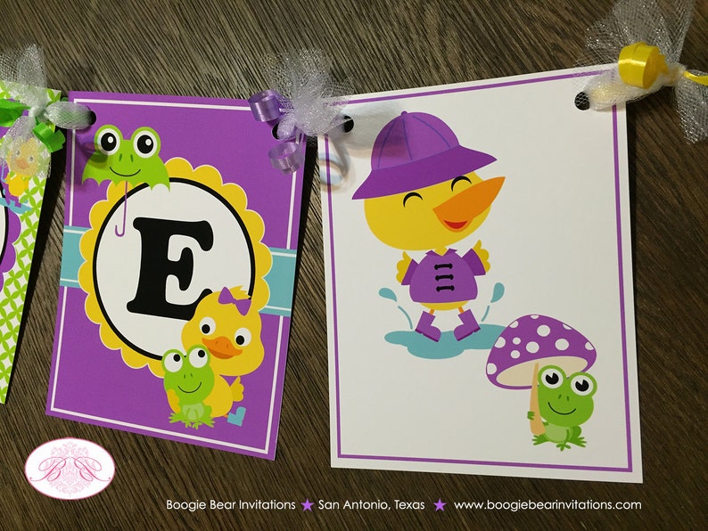 Frog Duck Birthday Party Name Banner Purple Girl Spring Flower Gardening Green 1st 2nd 3rd 4th 5th Boogie Bear Invitations Charlene Theme