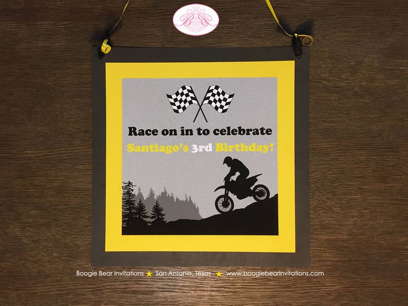 Dirt Bike Birthday Party Door Banner Off Road Boy Girl Yellow 1st 3rd 4th 5th 6th 7th 8th 9th 10th Boogie Bear Invitations Santiago Theme