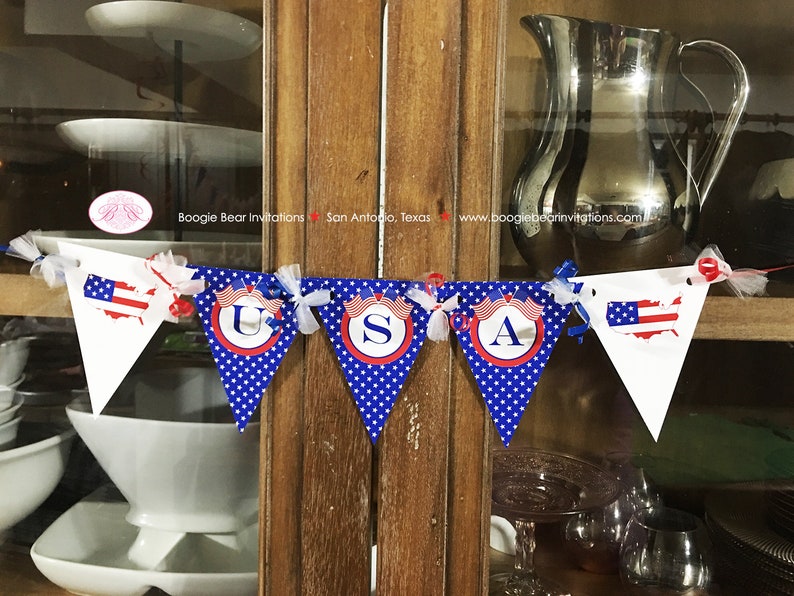 4th of July Independence Day Pennant I am 1 Banner Party Highchair Red White Blue Flag Stars Stripes Boogie Bear Invitations Hamilton Theme