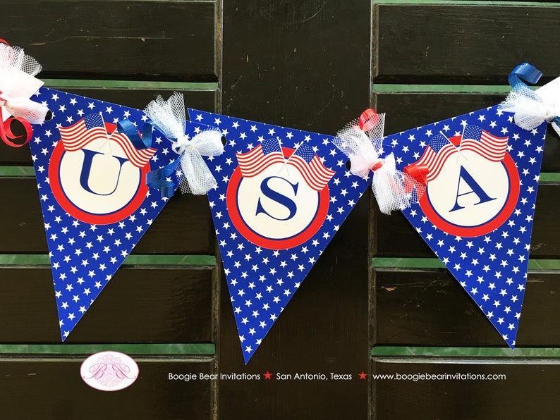 4th of July Independence Day Pennant I am 1 Banner Party Highchair Red White Blue Flag Stars Stripes Boogie Bear Invitations Hamilton Theme