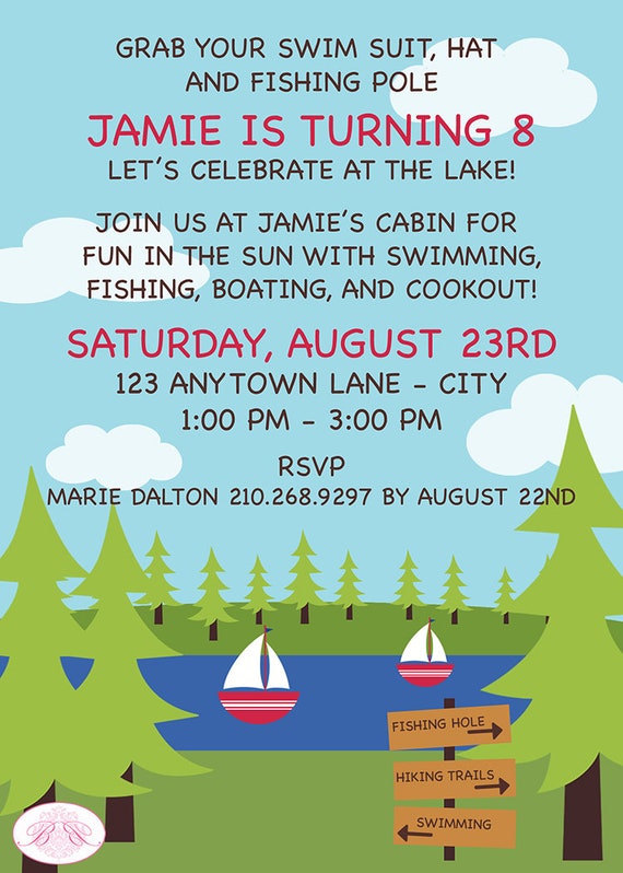 Lake Name Birthday Party Banner Boy Girl Sail Boat Red Blue 1st 2nd 3rd 4th 5th 6th 7th 8th Summer Camp Boogie Bear Invitations Jamie Theme