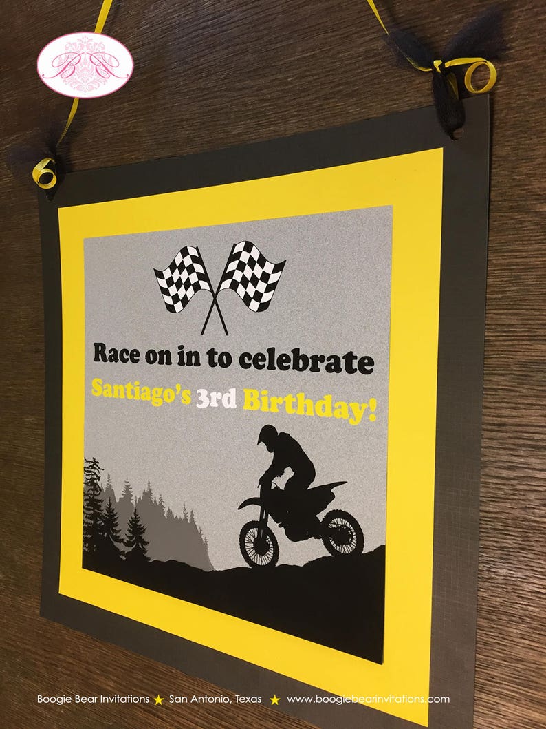 Dirt Bike Birthday Party Door Banner Off Road Boy Girl Yellow 1st 3rd 4th 5th 6th 7th 8th 9th 10th Boogie Bear Invitations Santiago Theme