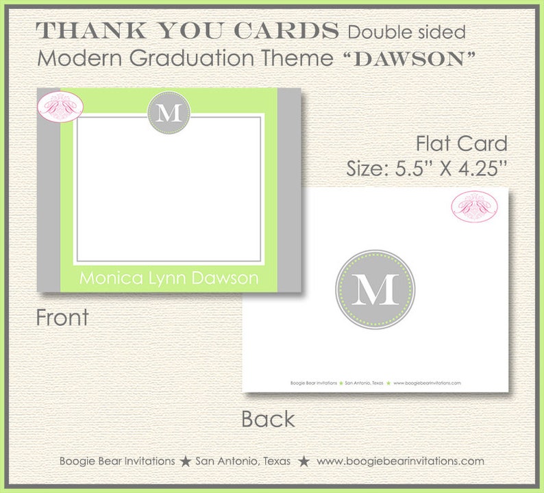 Modern Lime Graduation Thank You Cards High School Grey Green Monogram Initial 2017 2018 2019 Boogie Bear Invitations Dawson Theme Printed