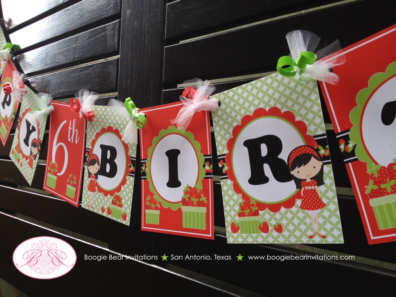 Strawberry Girl Happy Birthday Party Banner Red Green Orchard Summer Outdoors 1st 4th 5th 6th 7th 8th Boogie Bear Invitations Katie Theme