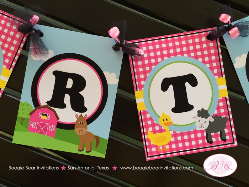 Pink Farm Animals Birthday Party Banner Happy Petting Zoo Fall Barn Girl 1st 2nd 3rd 4th 5th 6th 7th Boogie Bear Invitations Paisley Theme