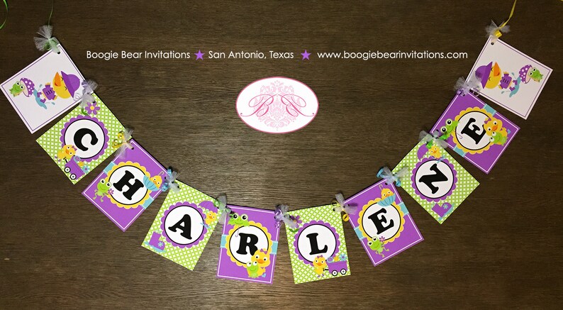 Frog Duck Birthday Party Name Banner Purple Girl Spring Flower Gardening Green 1st 2nd 3rd 4th 5th Boogie Bear Invitations Charlene Theme