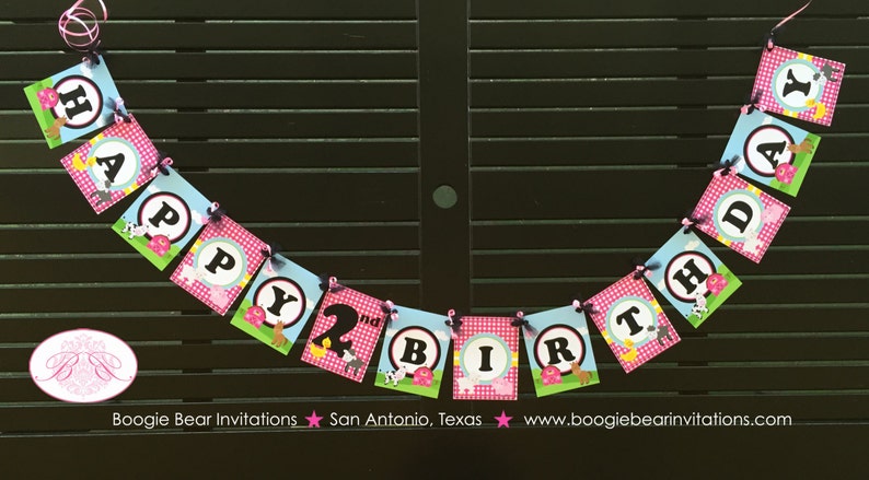 Pink Farm Animals Birthday Party Banner Happy Petting Zoo Fall Barn Girl 1st 2nd 3rd 4th 5th 6th 7th Boogie Bear Invitations Paisley Theme