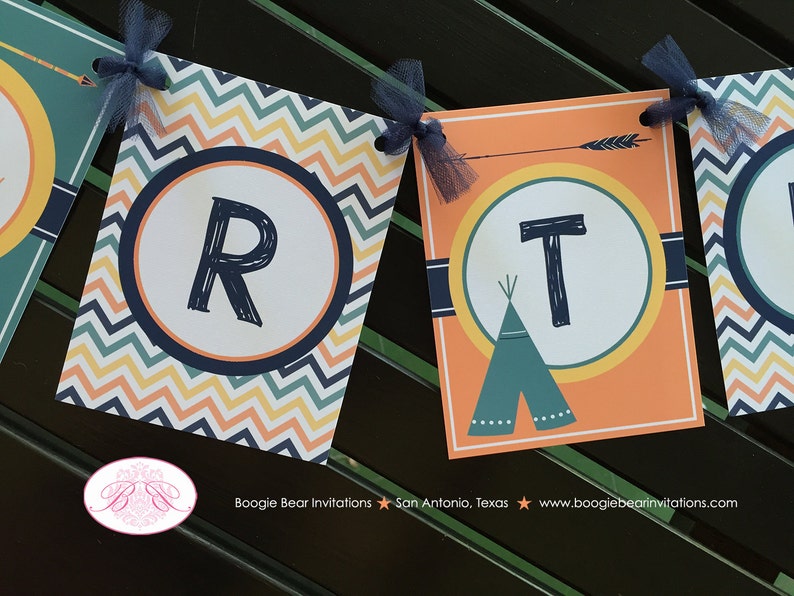 Teepee Arrow Happy Birthday Party Banner Chevron Orange Navy Blue Green Yellow Boy Girl 1st 2nd 3rd 4th Boogie Bear Invitations Tate Theme