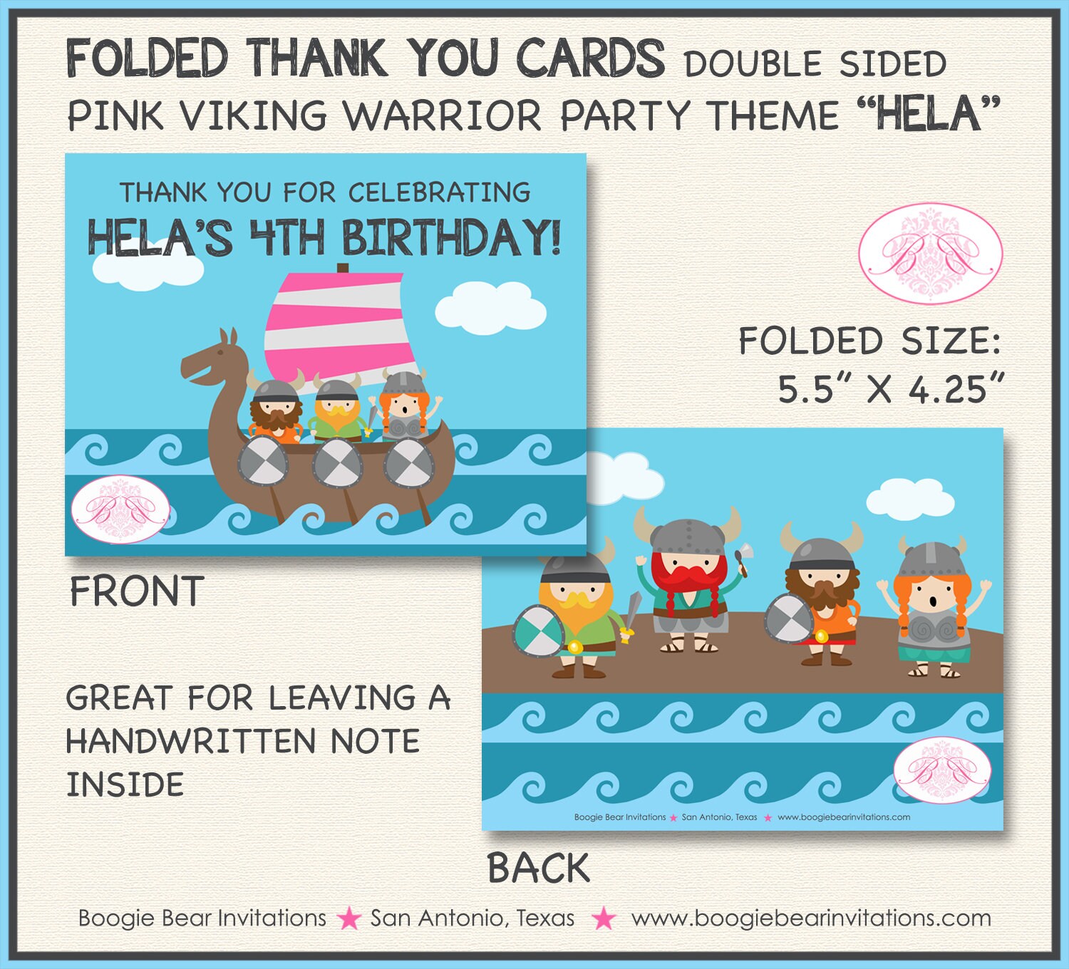 Pink Viking Warrior Party Thank You Card Birthday Girl Ocean - Etsy