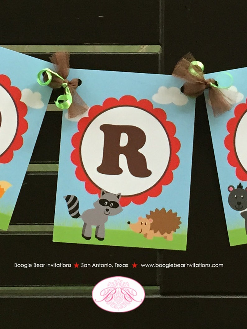 Woodland Animals Baby Shower Party Banner Birthday Deer Bird Green Fox Boy Girl 1st 2nd 3rd 4th 5th 6th Boogie Bear Invitations Adrian Theme