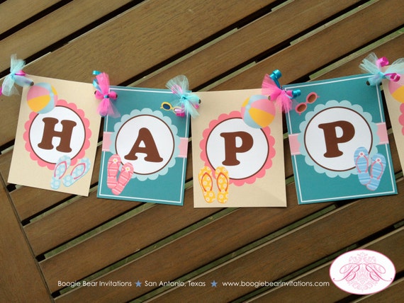 Flip Flop Pool Birthday Favor Party Card Tent Place Food Girl Beach 1st 2nd 3rd 4th 5th 6th 7th 8th 9th Boogie Bear Invitations Jenna Theme