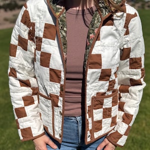 Handmade Quilted Jacket – Brown White Irish Chain Patchwork Cotton Coat