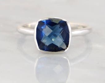 Blue Sapphire Ring, September Birthstone Ring, Stackable Cushion cut ring, sterling silver,Sapphire Hydrothermal ring