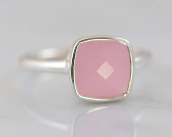 Artisan Gift Handmade Jewelry 925 sterling silver Ring Chalcedony ring Cushion Faceted Pink Chalcedony Gemstone Ring