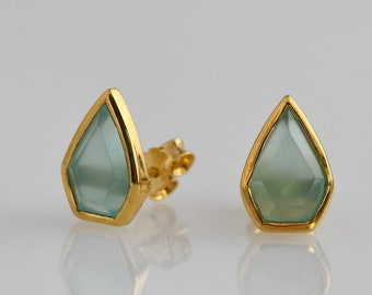 Aqua Chalcedony Stud, Seagreen Gemstone Stud Earring, Post earring, Simple Earring, Gold Stud, Everyday stud, Bezel set Earring, Mom's gift