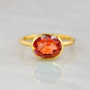 Padparadscha Sapphire Ring, Oval Cut Lab Created Padparadscha Orange Pink Spinel Ring, Stackable Bezel Ring