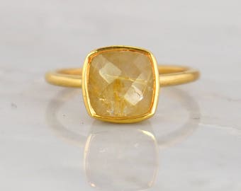 Golden Rutilated Quartz Ring, Cushion Cut Ring, Gold Stackable ring, Stacking ring, Quartz Gemstone Ring, Square Shape ring, Gift for Her