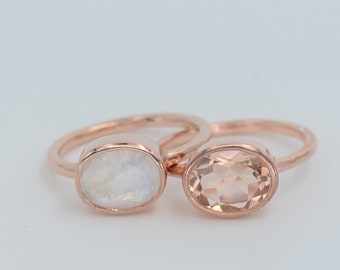 Rainbow Moonstone ring, Morganite ring, Duo Gemstone ring, June Birthstone ring, Gemstone Stackable ring, Bridal ring, Rose gold ring