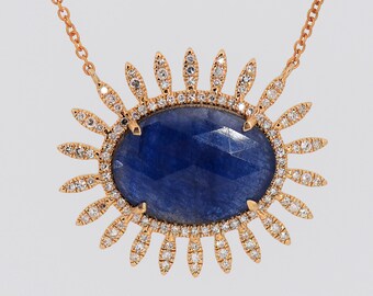 Diamond Sapphire Necklace, Statement Necklace, Blue Sapphire 14k Solid Gold Sun Star Necklace, Elegant Fine Jewelry Genuine Sapphire Highend