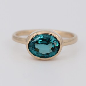 14k Gold Teal Sapphire Ring, Blue Green Sapphire, Montana Sapphire, September Birthstone, Stackable Solid Gold, Solitaire Bezel Set Oval Cut
