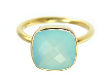 Anillo de calcedonia aguamarina - Anillo de calcedonia verde mar - Anillo de oro - Anillo cojín - Anillo de piedras preciosas - Anillo apilable - Anillo de dama de honor