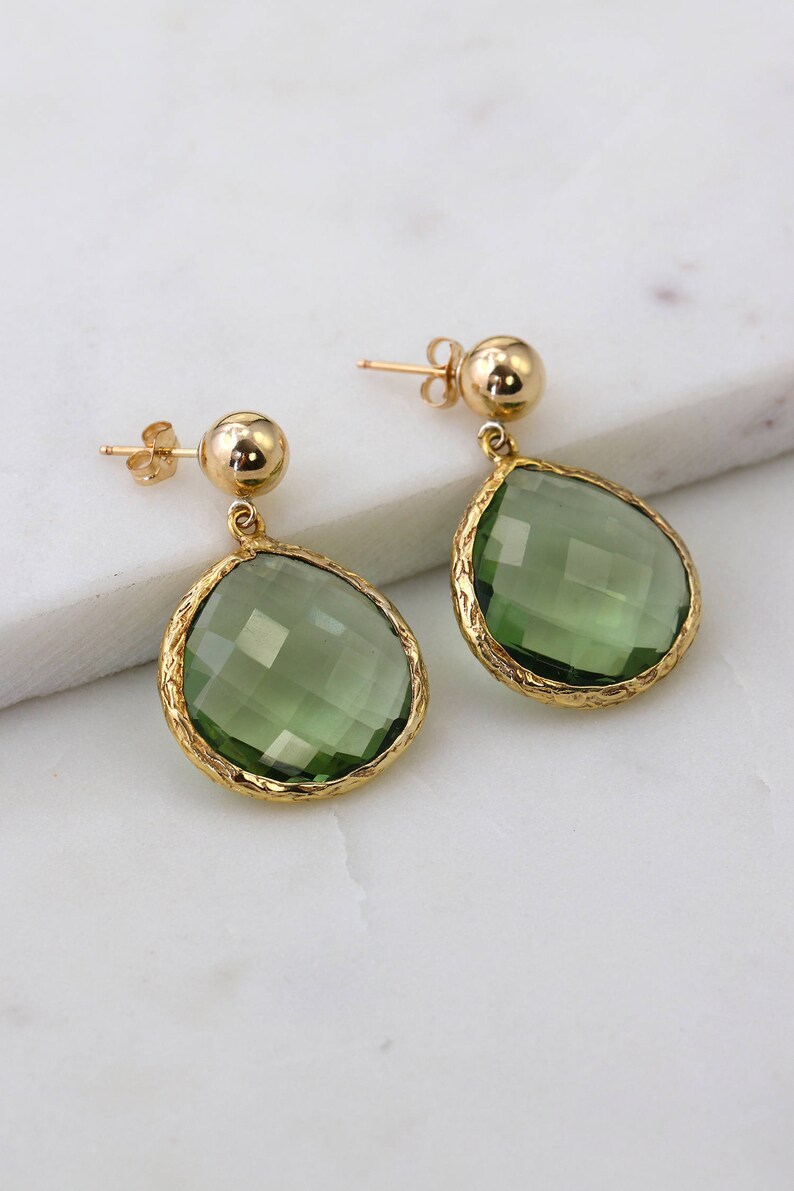 Gold filled earring Green Amethyst Elegant Textured Earrings Pear Shape Earring Round post Natural Stone Gemstone Earring Bar post
