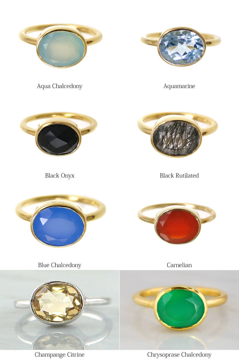 Puede incluir: Diez anillos de oro con piedras preciosas de diferentes colores. Las piedras preciosas son calcedonia acu&aacute;tica, aguamarina, &oacute;nix negro, cuarzo rutilado negro, calcedonia azul, cornalina, citrino champ&aacute;n y calcedonia crisoprasa.