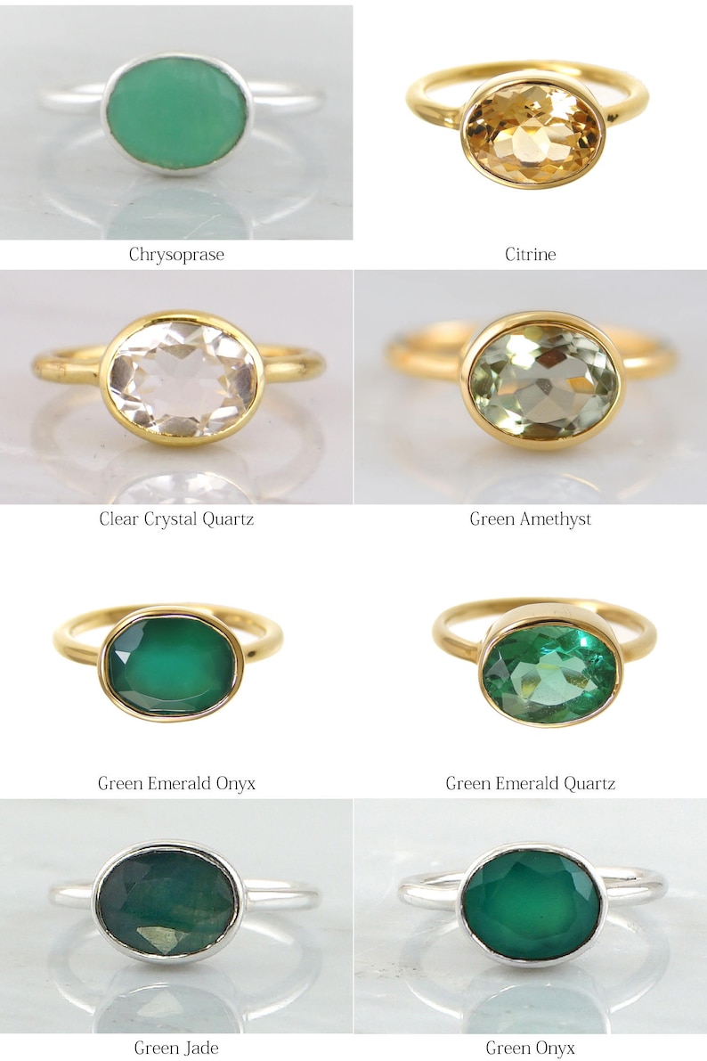 Puede incluir: Un conjunto de diez anillos ovalados de piedras preciosas con engastes de oro y plata. Las piedras preciosas son crisoprasa, citrino, cuarzo cristalino transparente, amatista verde, &oacute;nix esmeralda verde, cuarzo esmeralda verde, jade verde y &oacute;nix verde.