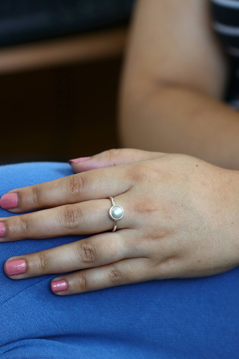 Freshwater round pearl Pearl ring Cultured pearl Real pearl ring,June birthstone Solitaire pearl 925 sterling silver ring Genuine pearl