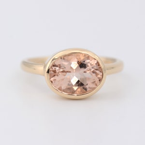 Morganite Ring Solid 14k, Genuine Peach Morganite, Blush Rose Color, Stackable Solid Gold, Solitaire Bezel Set Oval Cut, Natural Gemstone