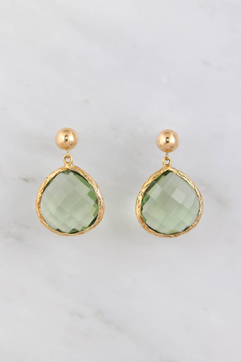 Gold filled earring Green Amethyst Elegant Textured Earrings Pear Shape Earring Round post Natural Stone Gemstone Earring Bar post