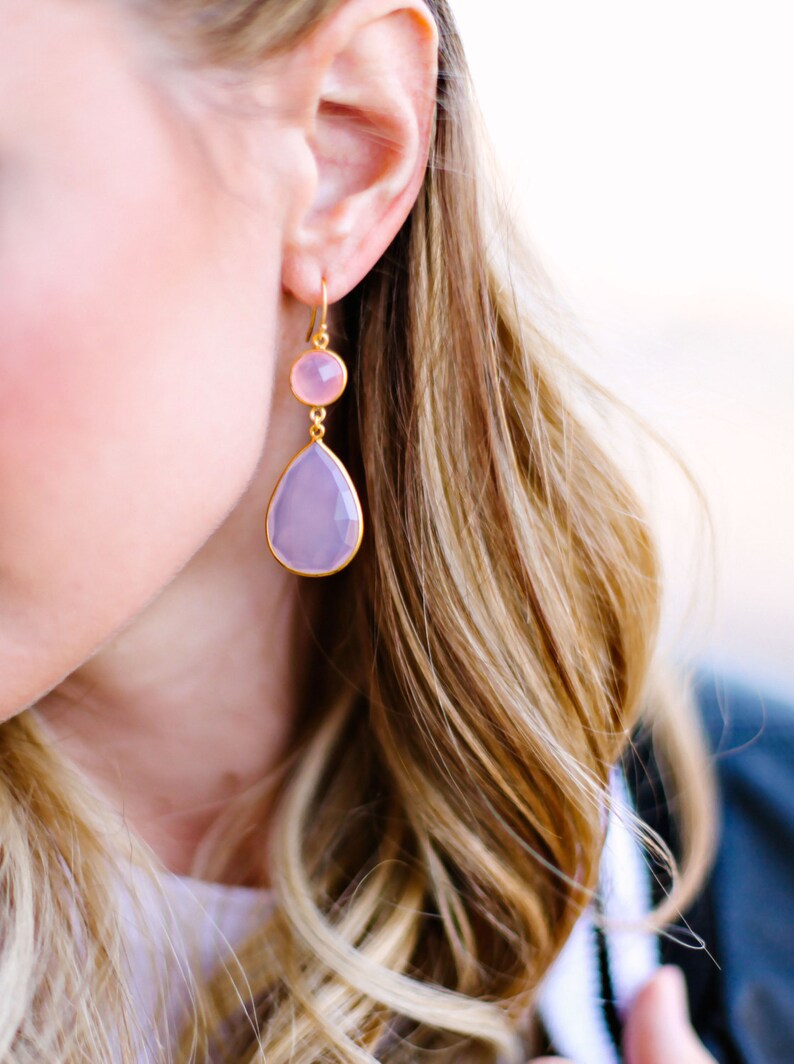 Bridesmaid Earrings Bezel set earring Large Gemstone Earrings Two tier earring Bridal Earrings Amethyst Earring
