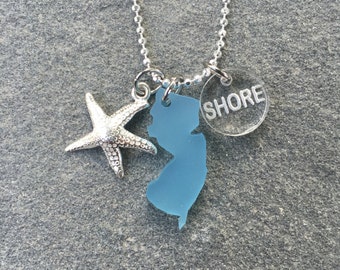 New Jersey Sea Glass Style Silver Starfish SHORE or HOME Necklace