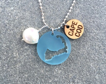 Cape Cod Sea Glass Style Necklace with Pearl Charm