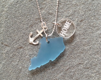 Staten Island Beach Glass Style Silver Anchor HOME Necklace