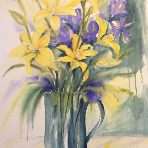 Original painting,lillies,iris,original watercolour and acrylic on 400gsm paper,ready to frame,wall art,bunch of flowers,Australian,1 only.