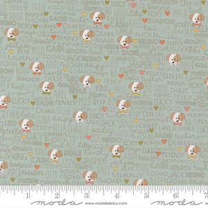 May include: Pale turquoise fabric featuring a repeating pattern of cartoon dogs with bow ties and names. The dogs are brown and white with different coloured bow ties. A ruler is along the bottom.