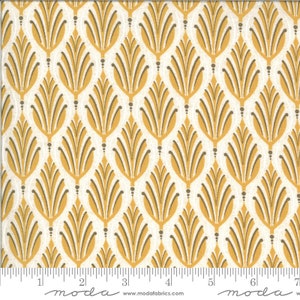 May include: A white fabric with a repeating pattern of yellow stylised leaves. The leaves have a brown outline and are arranged in a symmetrical pattern.