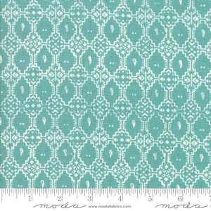 May include: Teal fabric with a white geometric pattern. The pattern features small white diamonds and paisley shapes.
