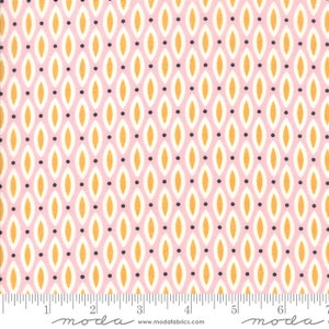 May include: Pink fabric with a repeating pattern of yellow diamonds and black dots. The fabric is marked with a ruler in inches and the words "moda" and "www.modafabrics.com".