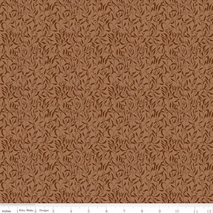 May include: Brown fabric with a repeating pattern of stylized leaves and vines. The leaves are a darker shade of brown against a lighter brown background. The fabric is suitable for various sewing and crafting projects.