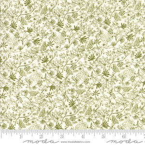 May include: A white fabric with a green floral pattern featuring small birds. The fabric has a repeating pattern of stylized flowers, leaves, and birds. The fabric is perfect for quilting, crafts, and home decor.
