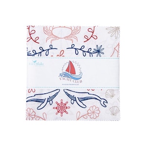 May include: A white fabric square with a nautical theme. The fabric features a red sailboat, blue whales, a red steering wheel, and red and blue floral designs. The text "YACHT CLUB" is printed in blue with the designer's name, Amanda Niederhauser, below it.