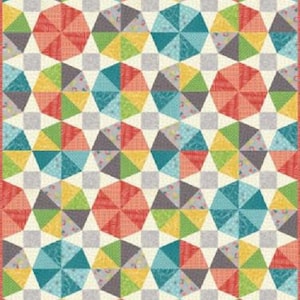 Könnte beinhalten: Ein farbenfroher Quilt mit einem geometrischen Muster. Das Design zeigt sich wiederholende schirmartige Formen in Rot-, Türkis-, Gelb- und Grautönen auf cremefarbenem Hintergrund. Der Quilt hat einen roten Rand.