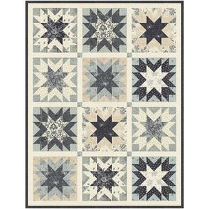 May include: A rectangular quilt featuring a grid of twelve star-patterned blocks. The design incorporates various shades of navy blue, cream, and light gray, with diverse floral, damask, and polka dot fabric prints within each star section.