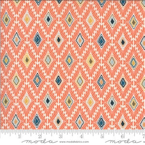 May include: A coral pink fabric with a repeating pattern of white, blue, and yellow diamond shapes. The fabric has a subtle texture and a modern geometric design.